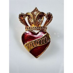 Vintage “MOM” Gold-Tone Red Enamel Crowned Heart Pin
